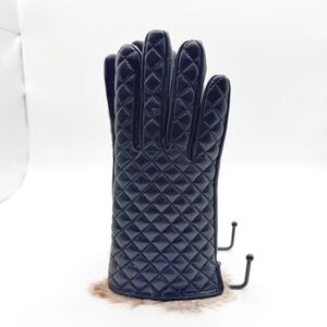 VIKIDEER Quilted Leather Gloves Women M Black Rabbit Fur Trim Cashmere Lined NEW
